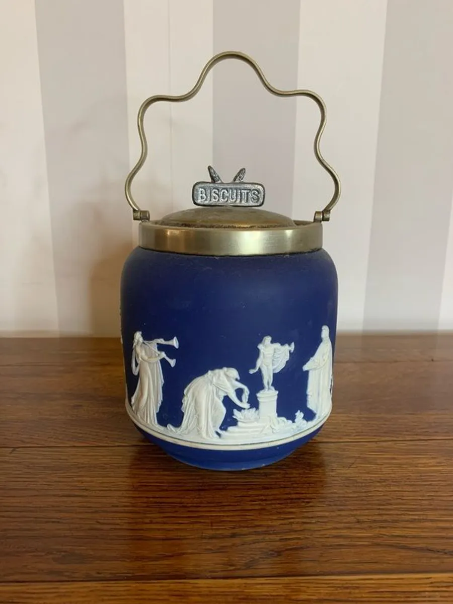 Antique Adams Cobalt Jasperware biscuit barrel. - Image 1