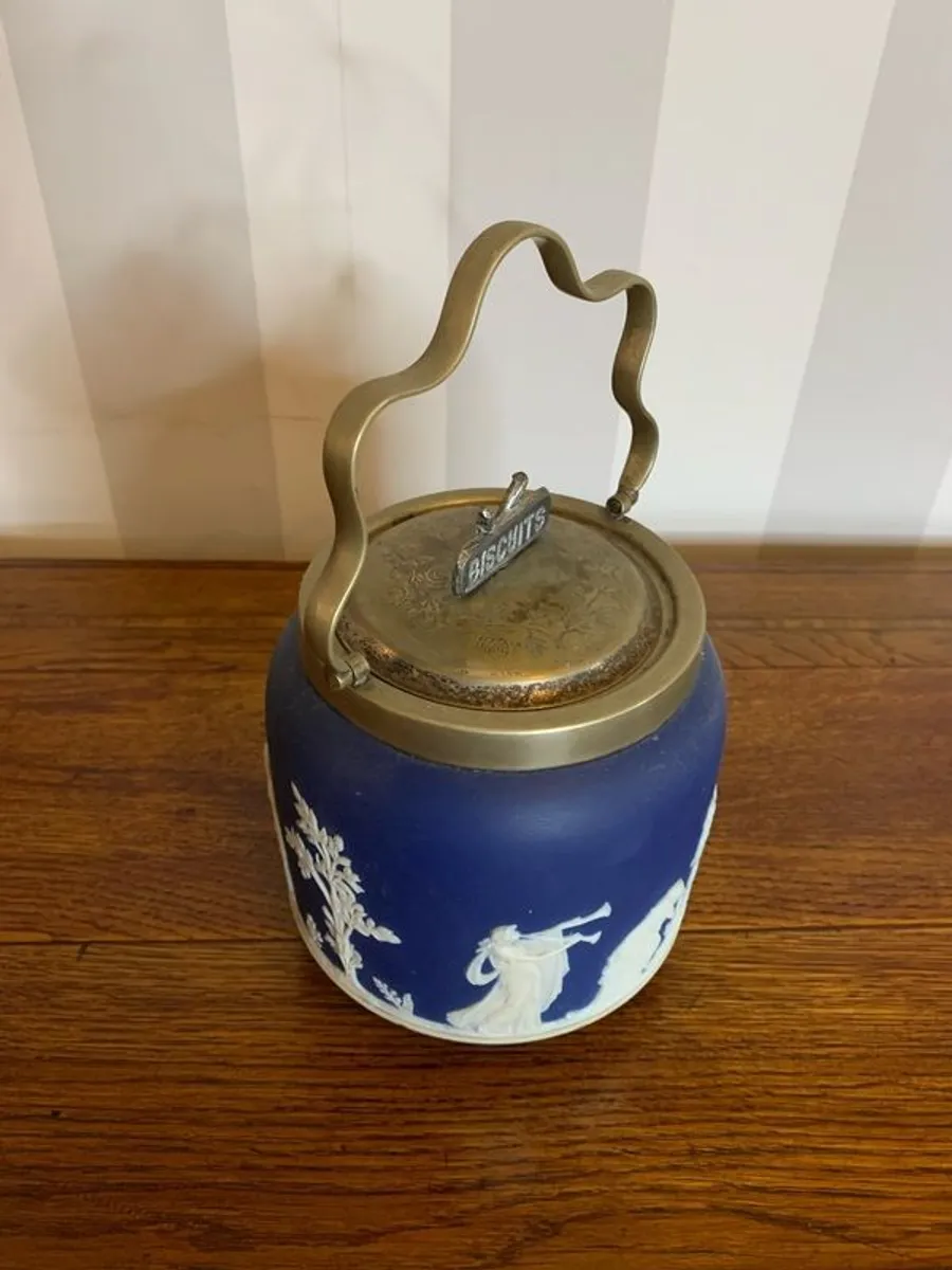Antique Adams Cobalt Jasperware biscuit barrel. - Image 3