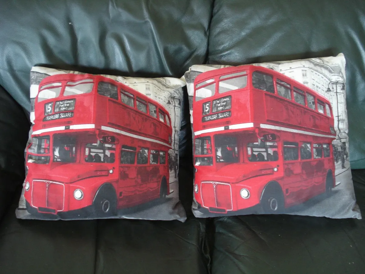 2 RED LONDON BUS CUSHIONS. - Image 1