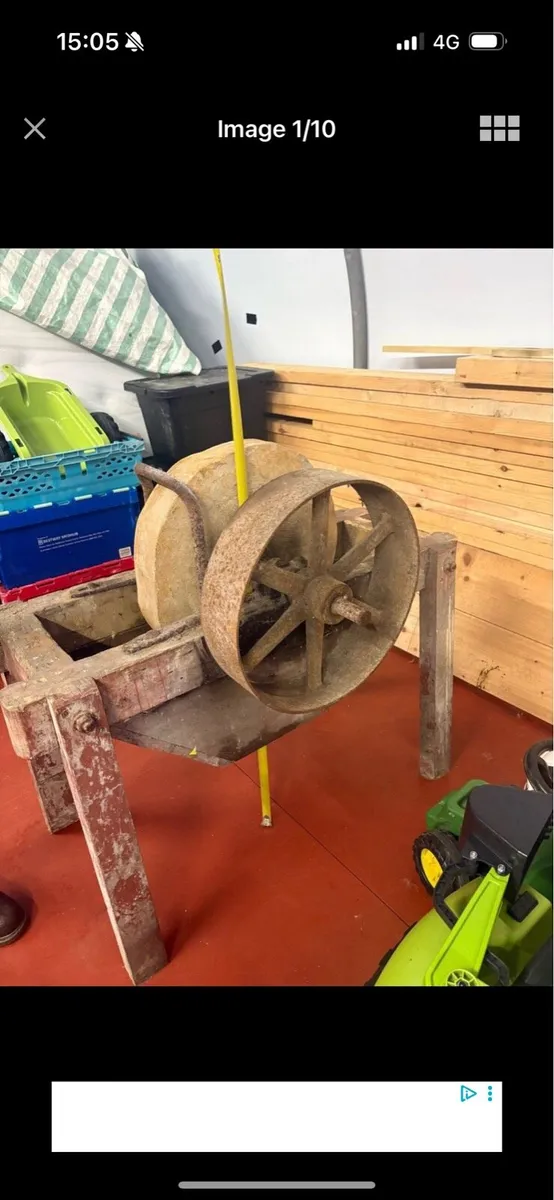 19 century stone wheel with stand and pully belt - Image 1