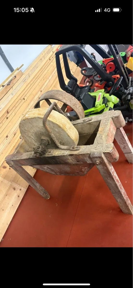 19 century stone wheel with stand and pully belt - Image 3