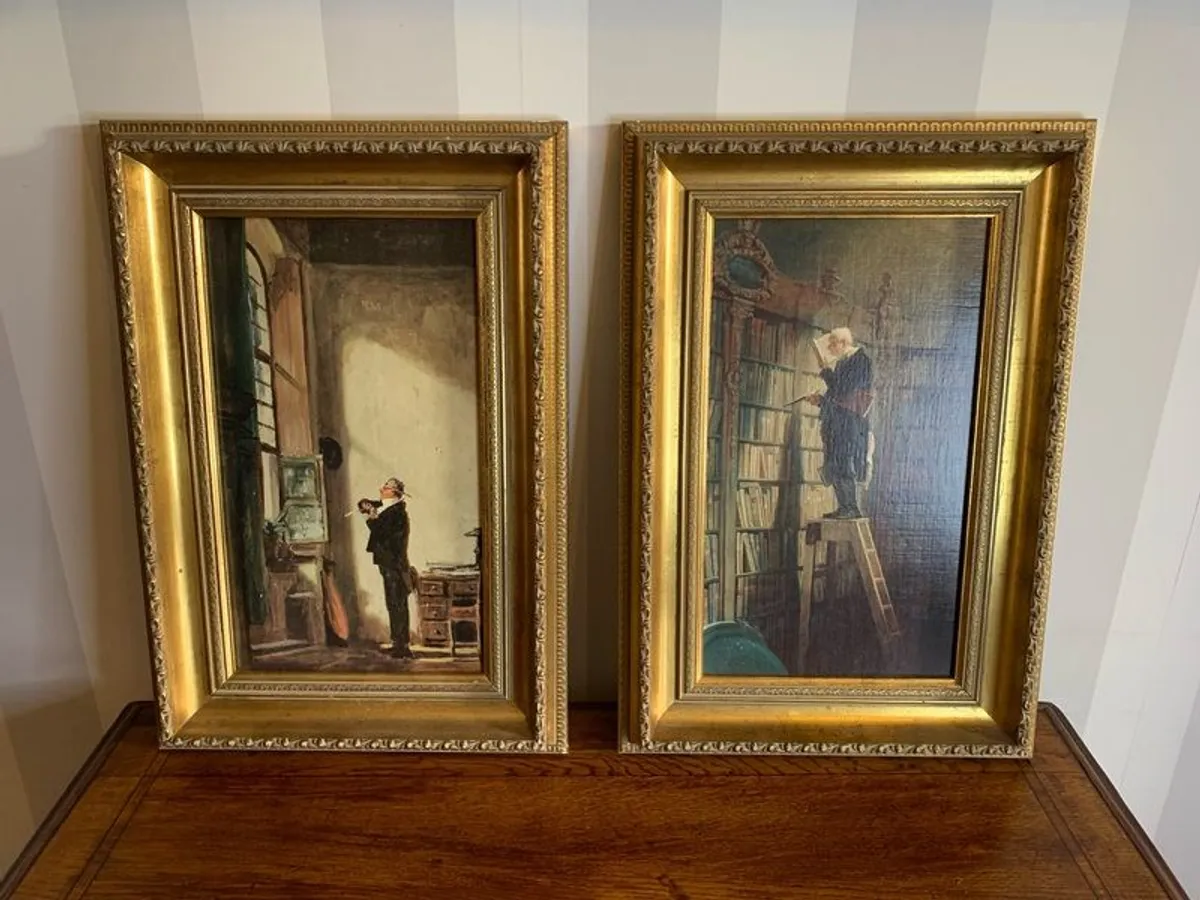 A pair of antique framed prints on canvas. - Image 1