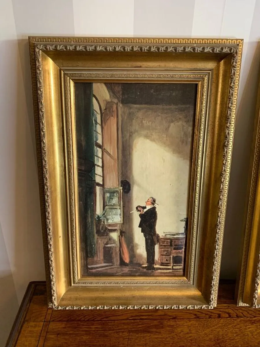 A pair of antique framed prints on canvas. - Image 2