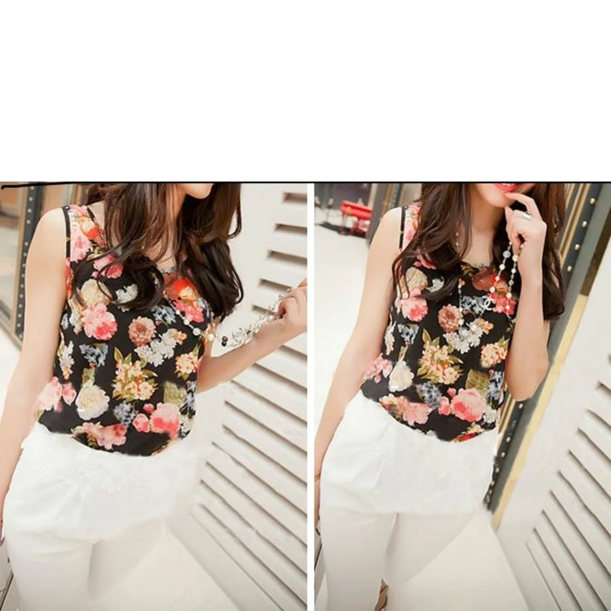 Women Ladies Casual Chiffon Sleeveless Flower Shir
