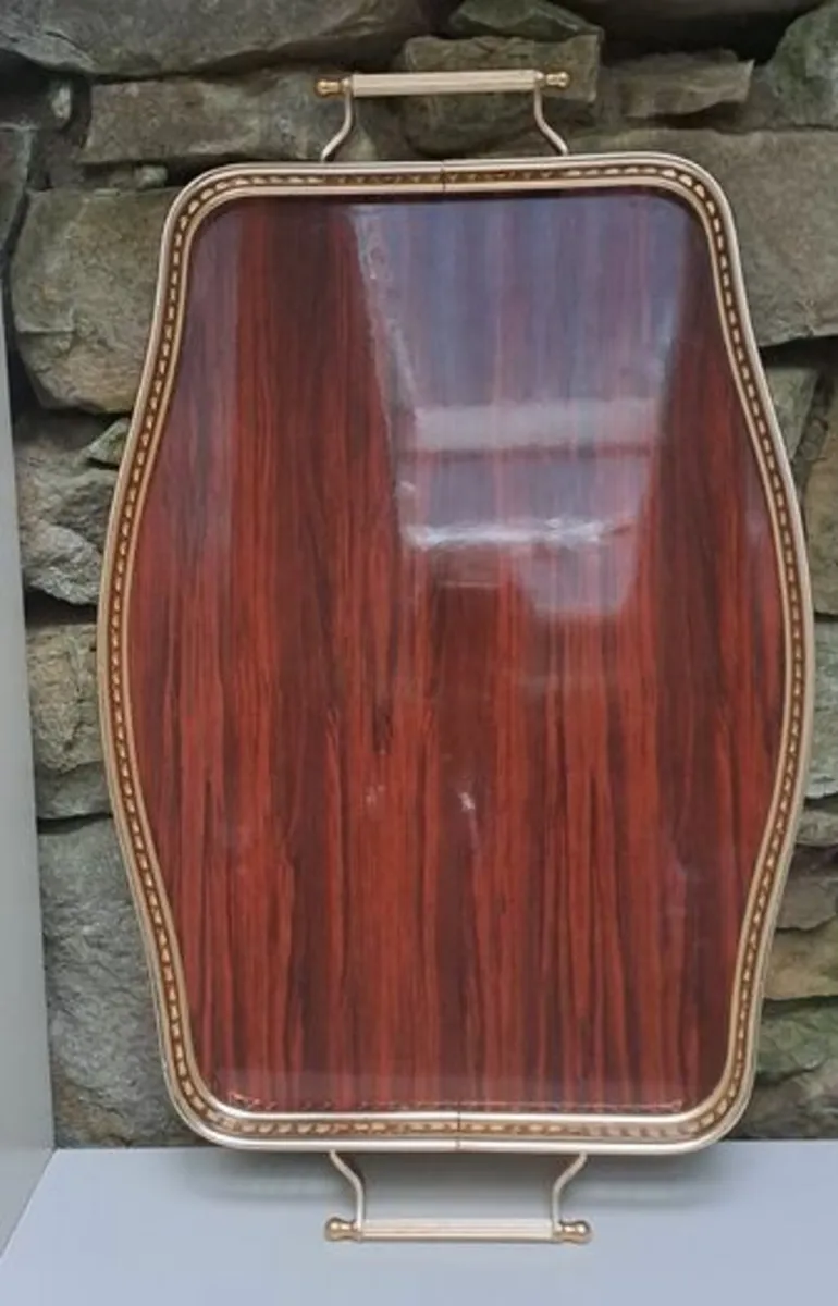 Vintage tea tray wood and brass - Image 1