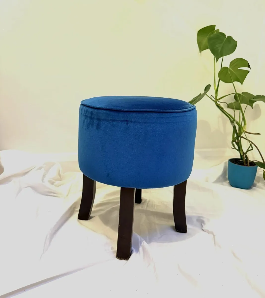 Navy Velvet Footstool-Wooden Legs- Balmoral Style - Image 1