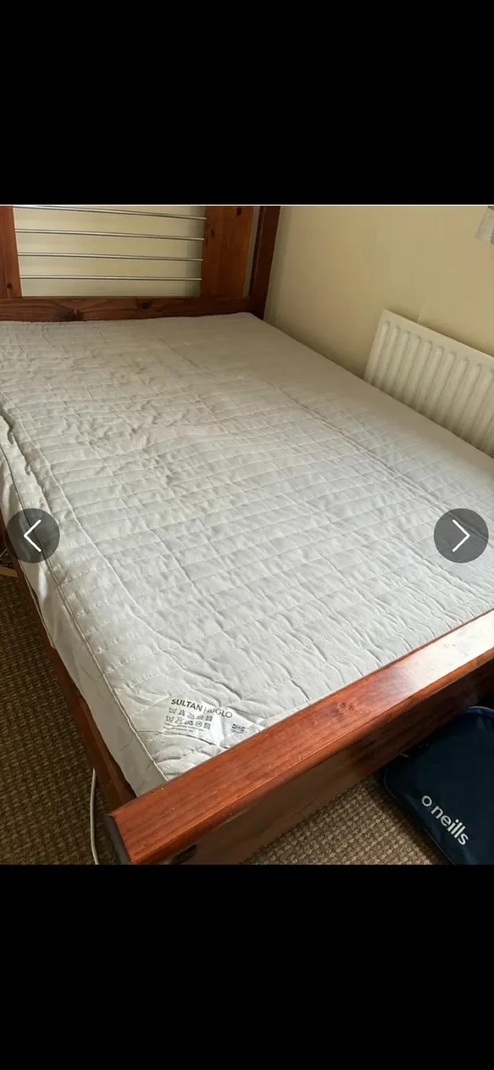 Solid wood double bed frame and mattress - Image 1