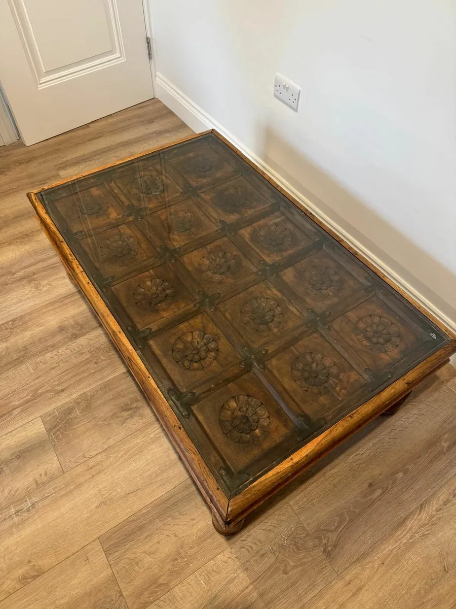 Hand Carved Wooden Coffee Table with Glass Top - Image 2