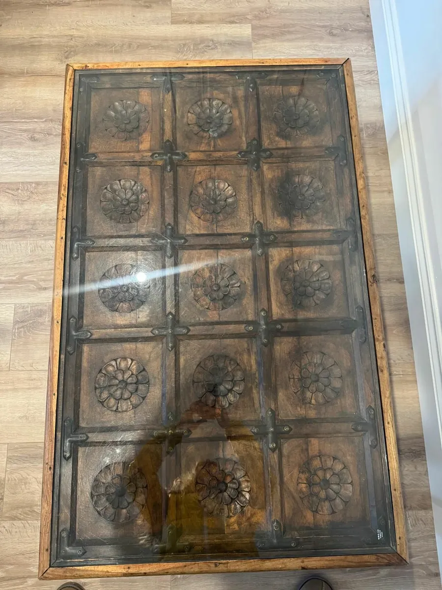 Hand Carved Wooden Coffee Table with Glass Top - Image 3