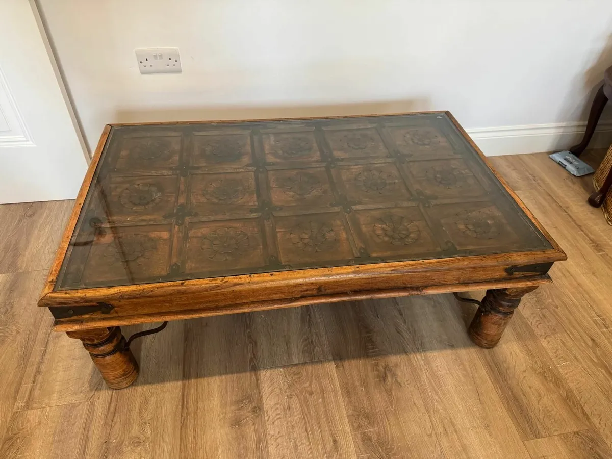 Hand Carved Wooden Coffee Table with Glass Top - Image 4