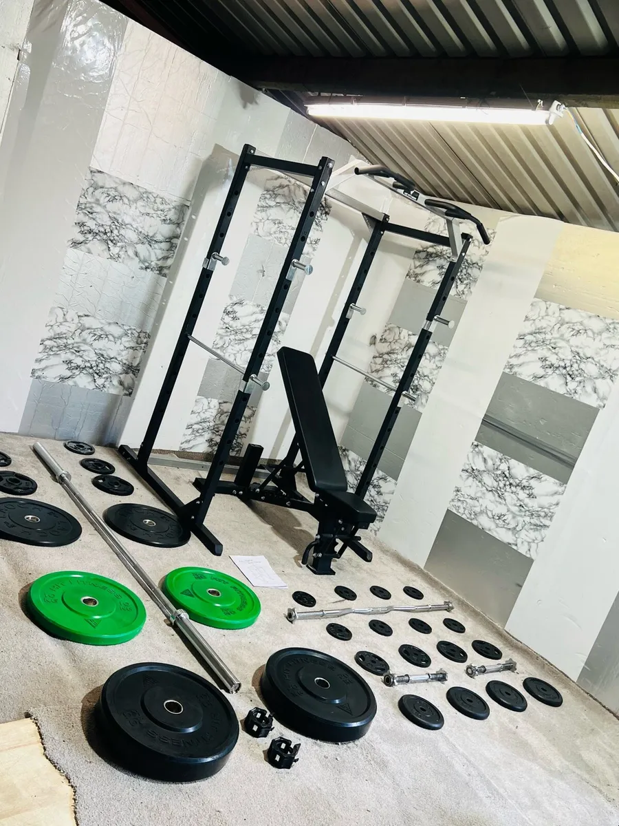 COMPLETE HOME GYM WEIGHTS RAVK BENCH BAR DUMBLS - Image 1