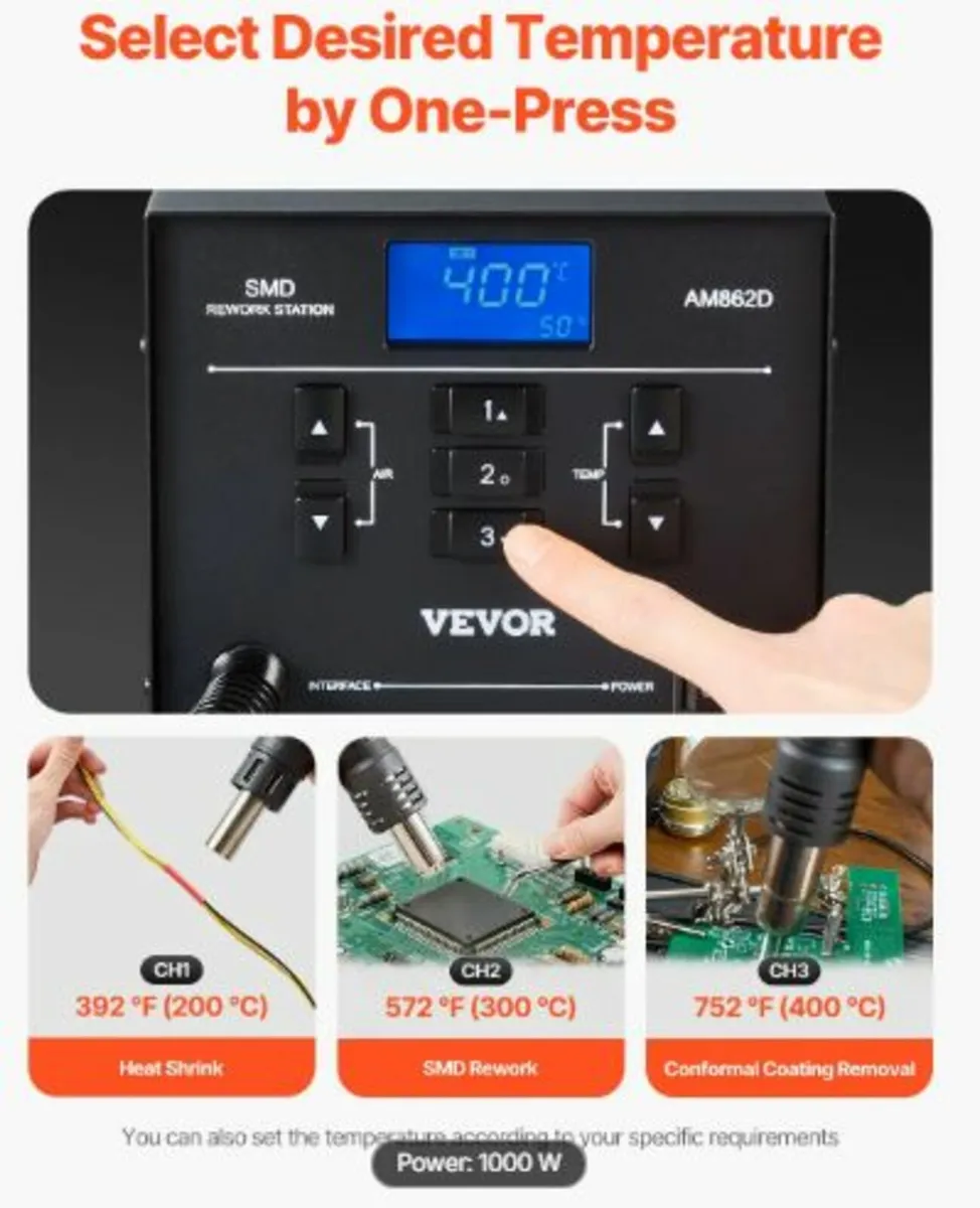 Hot Air Rework Station, 1000W Digital SMD Rework - Image 2