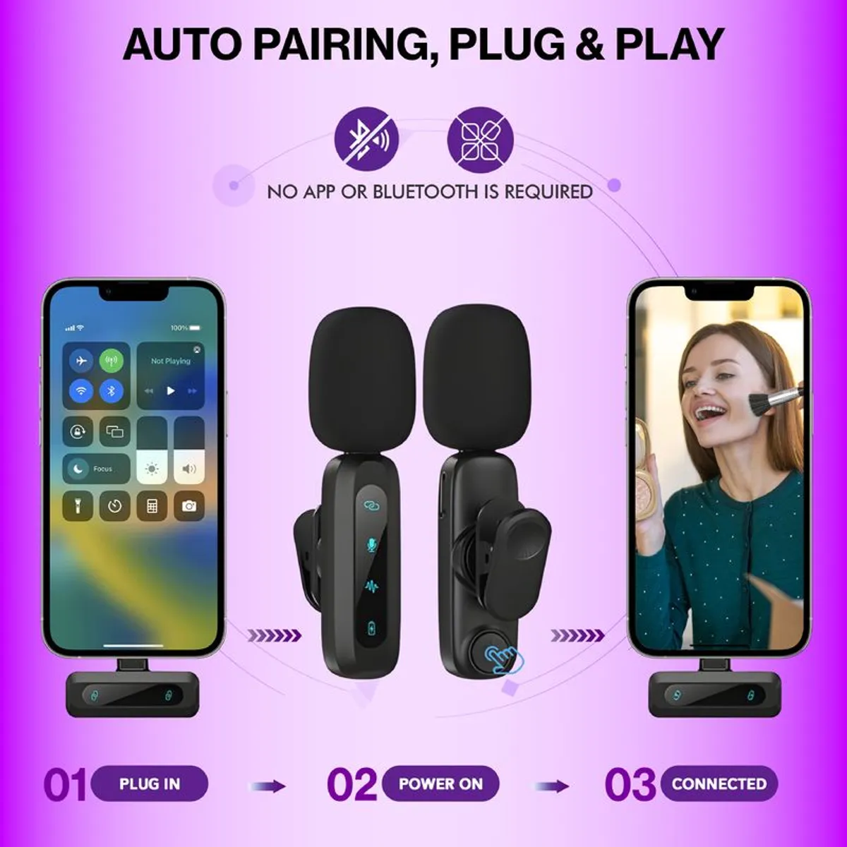 Wireless Lavalier Microphone for iPhone, iPad, Android Phone, 2-Pack Mini Microphone with Noise Reduction, Auto Pairing and Mute & Reverb for Vlogging, Video Recording, TikTok, YouTube - Plug & Play - Image 3