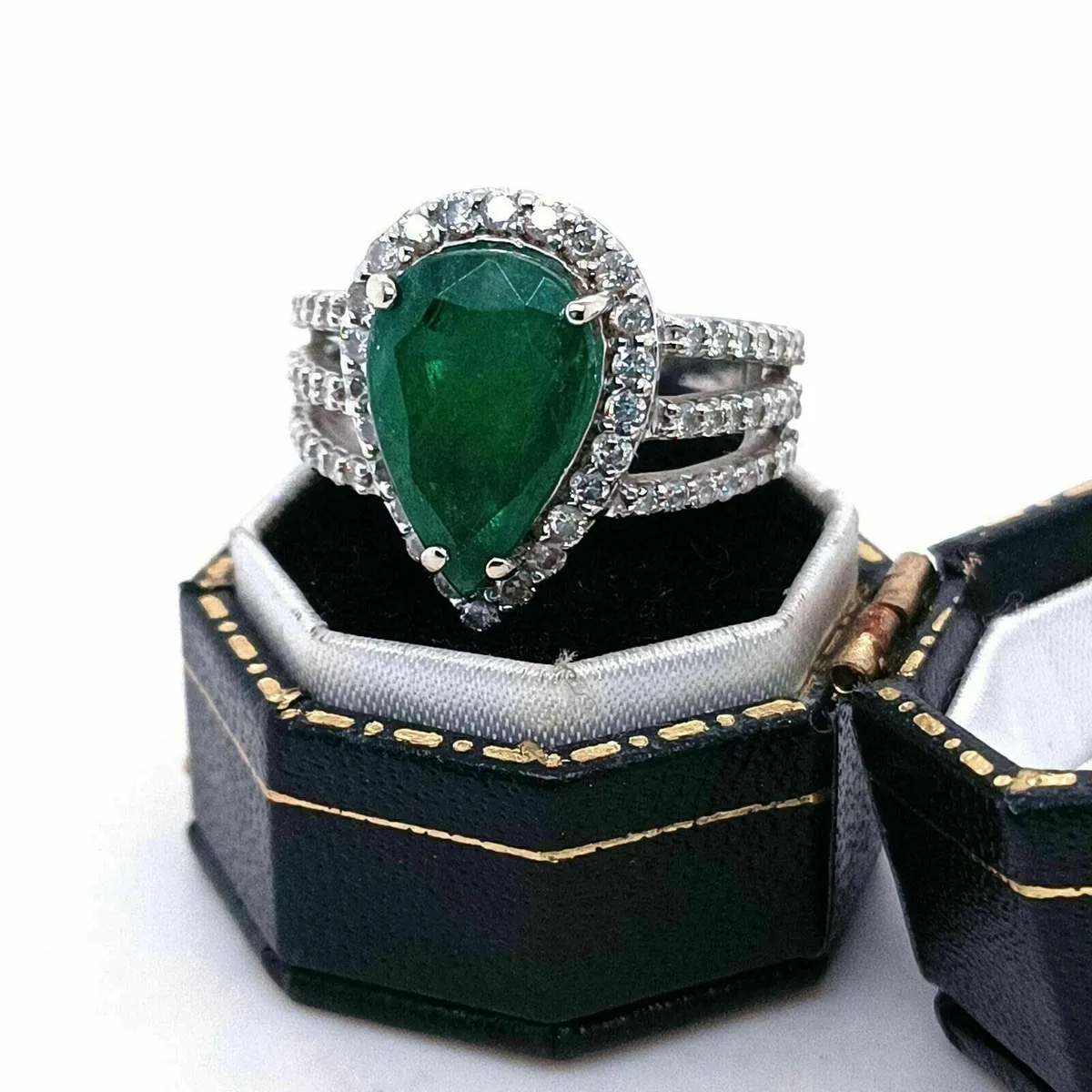 Pear Shape Emerald & Diamond Ring, 14k Gold - Image 1