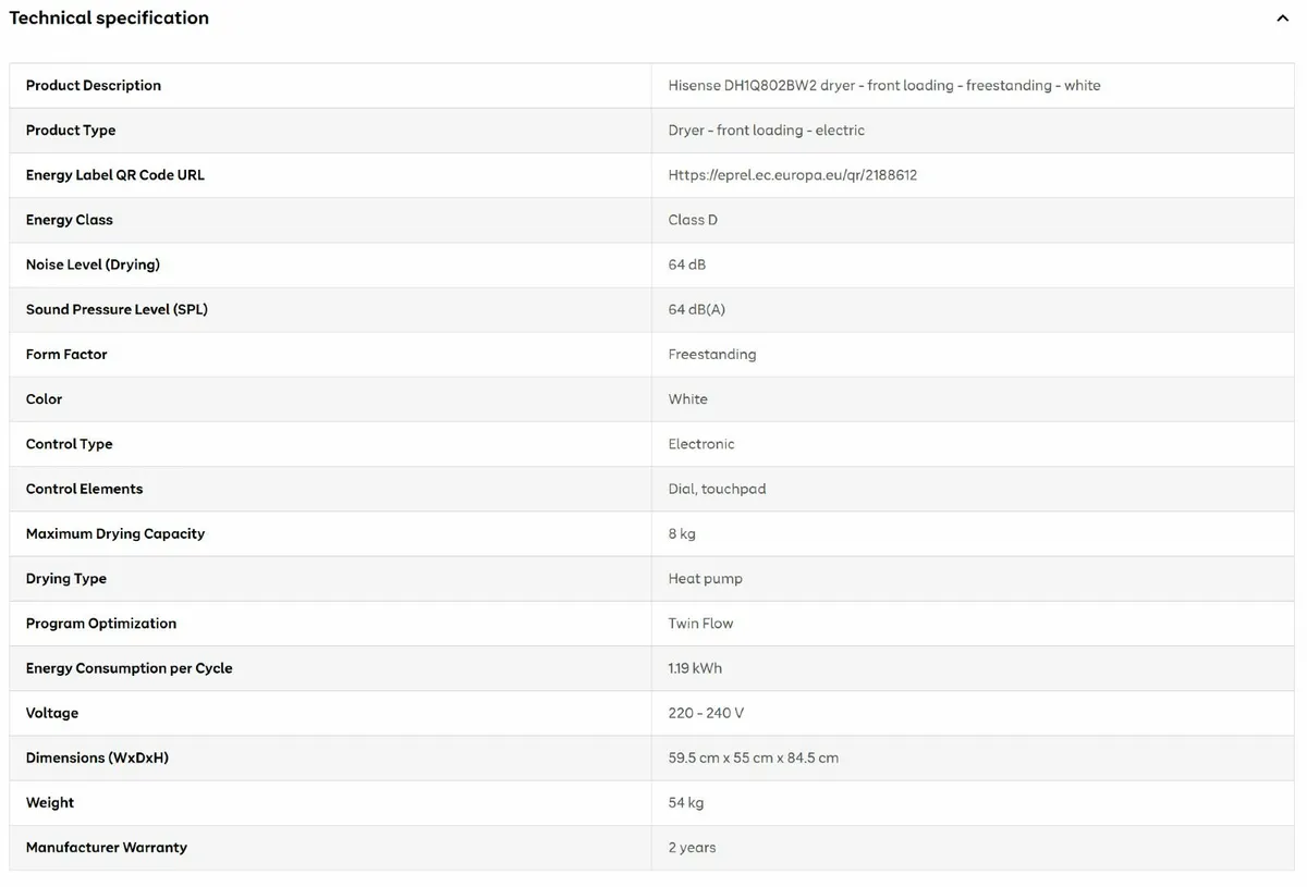 Tumble Dryer (great condition)-HiSense DH1Q802BW2 - Image 4