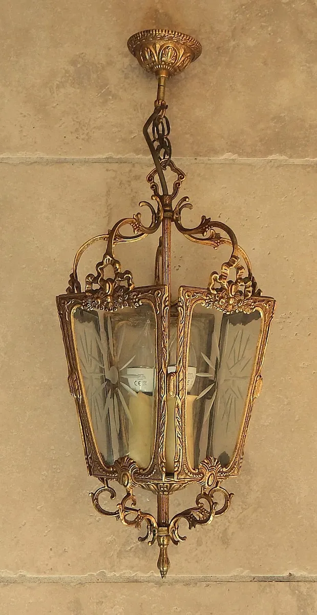 Vintage French Brass Triple Light Ceiling Lantern - Image 1