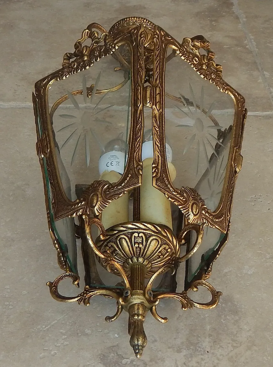 Vintage French Brass Triple Light Ceiling Lantern - Image 3
