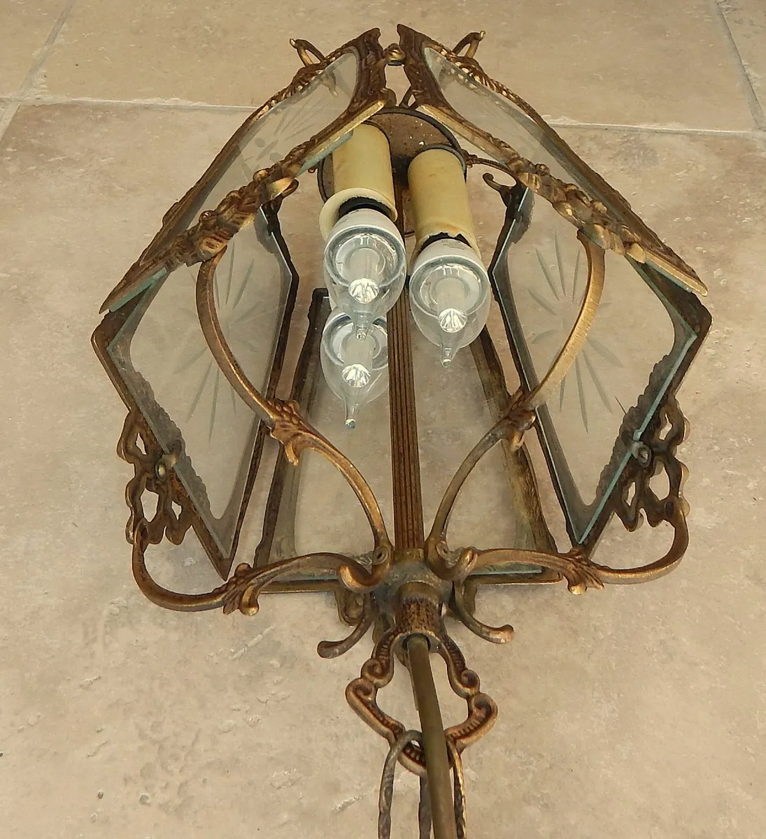 Vintage French Brass Triple Light Ceiling Lantern - Image 4