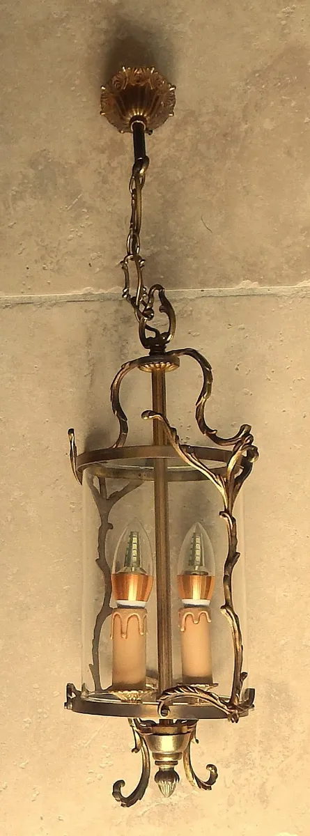 Vintage French Brass Double Light Ceiling Lantern - Image 2