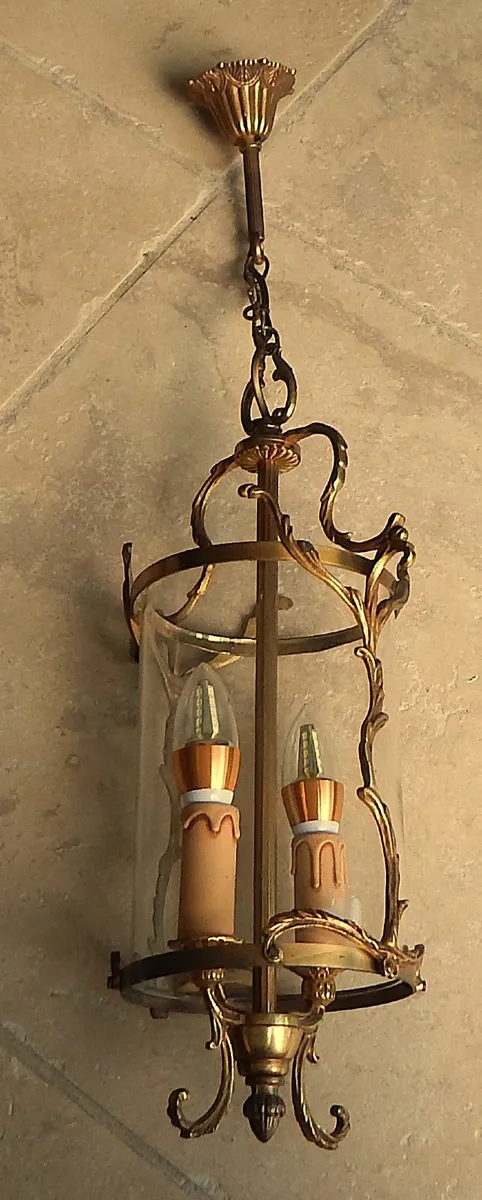 Vintage French Brass Double Light Ceiling Lantern - Image 3