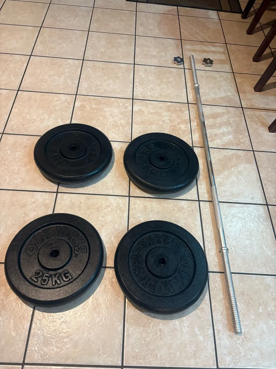 GYM METAL WEIGHTS AND BARBELL = 106KG TOTAL!! - Image 1