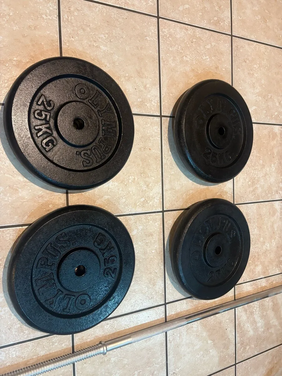 GYM METAL WEIGHTS AND BARBELL = 106KG TOTAL!! - Image 2