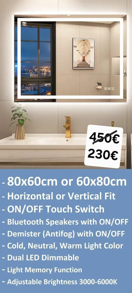 LED Bathroom Mirror Bluetooth Speakers Antifog - Image 1