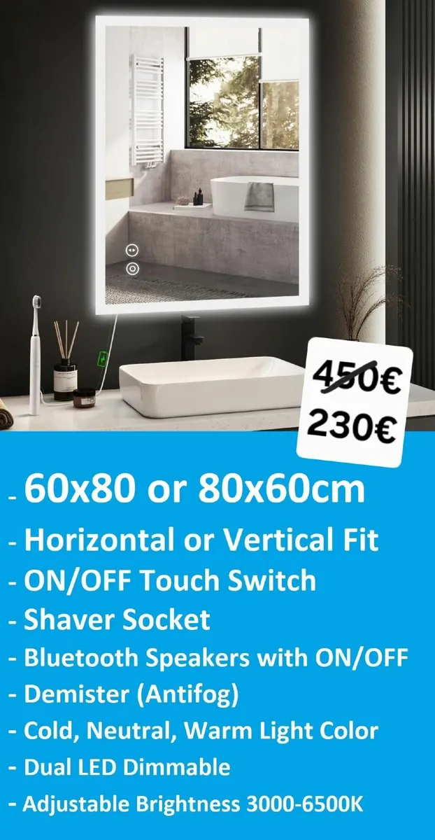 LED Bathroom Mirror Speakers Antifog Shaver Socket - Image 1