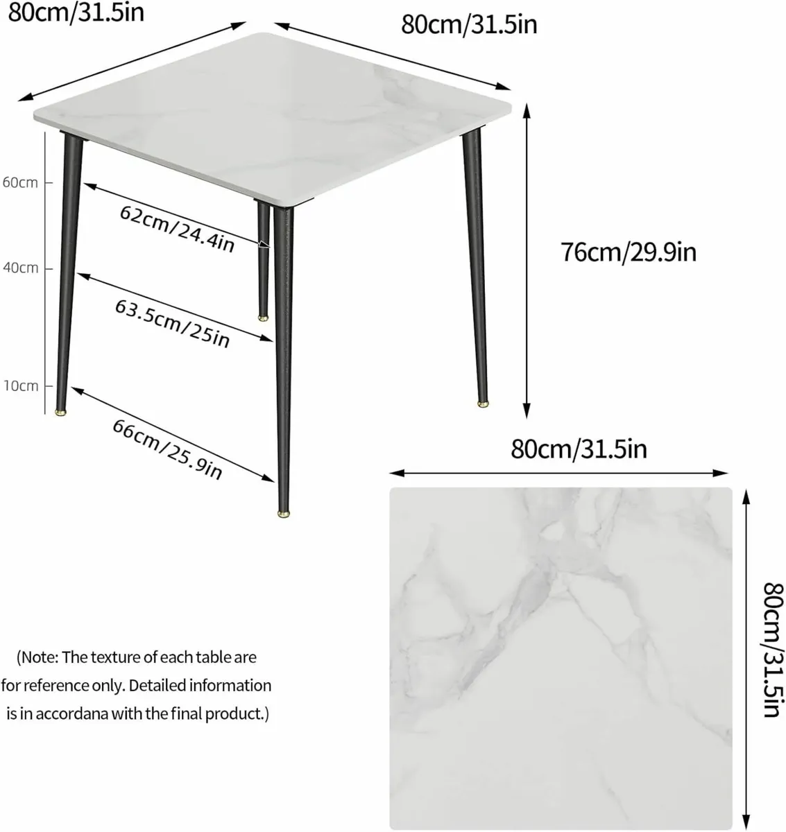 Kitchen Dining Table Marble Tabletop Square 80cm - Image 3