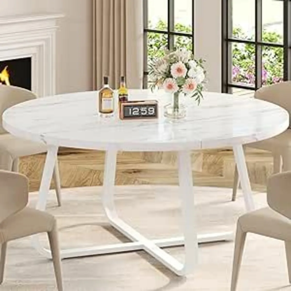 White Faux Marble Round Dining  Table Desk 130cm - Image 3