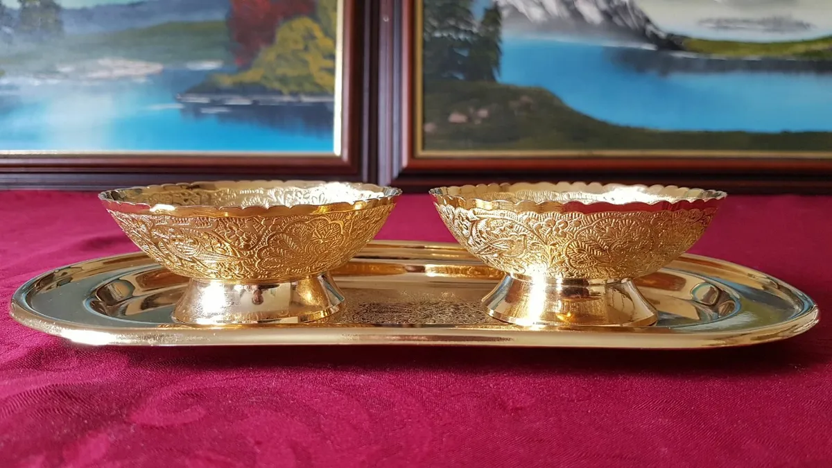 Ornate & Engraved Solid Brass Footed Bowls & Plate - Image 1