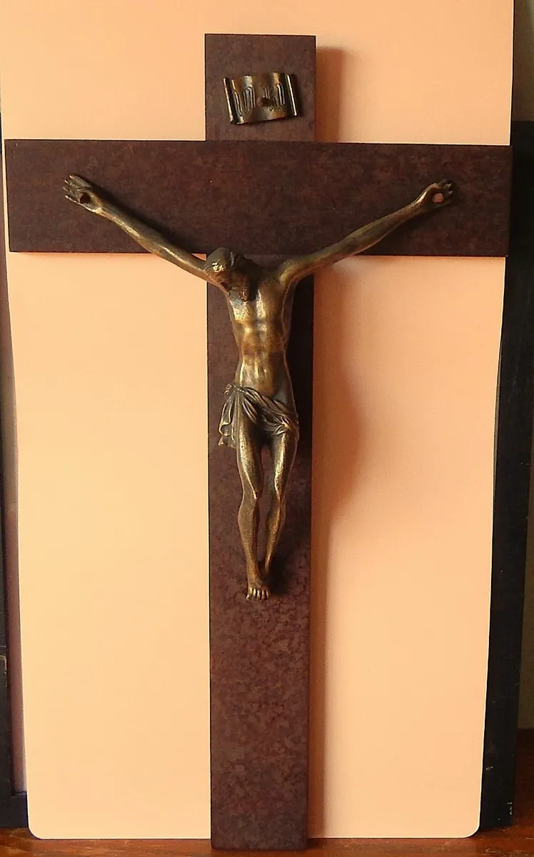 Large Wooden Crucifix with Bronze Figure of Christ - Image 1
