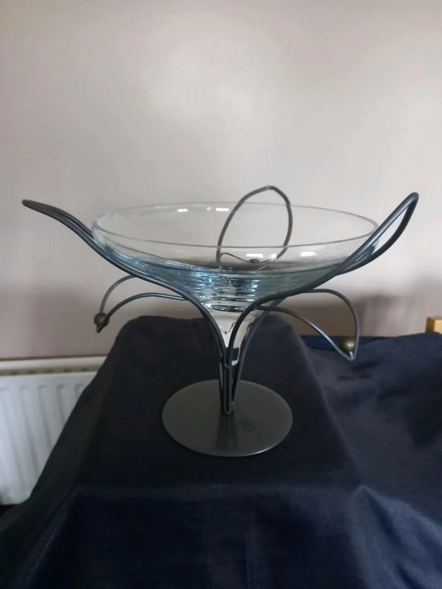 Glass Blown Bowl With Decorative Metal Base - Image 1