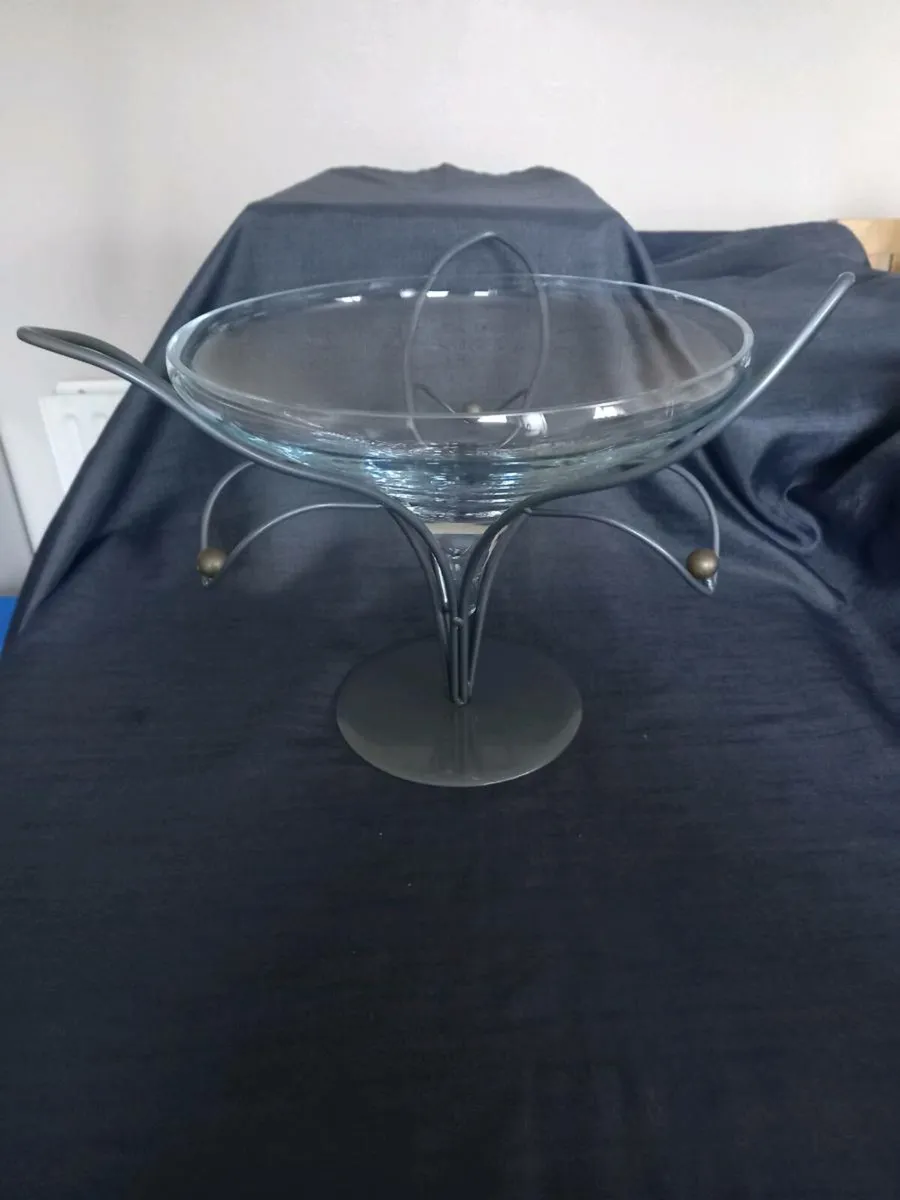 Glass Blown Bowl With Decorative Metal Base - Image 2