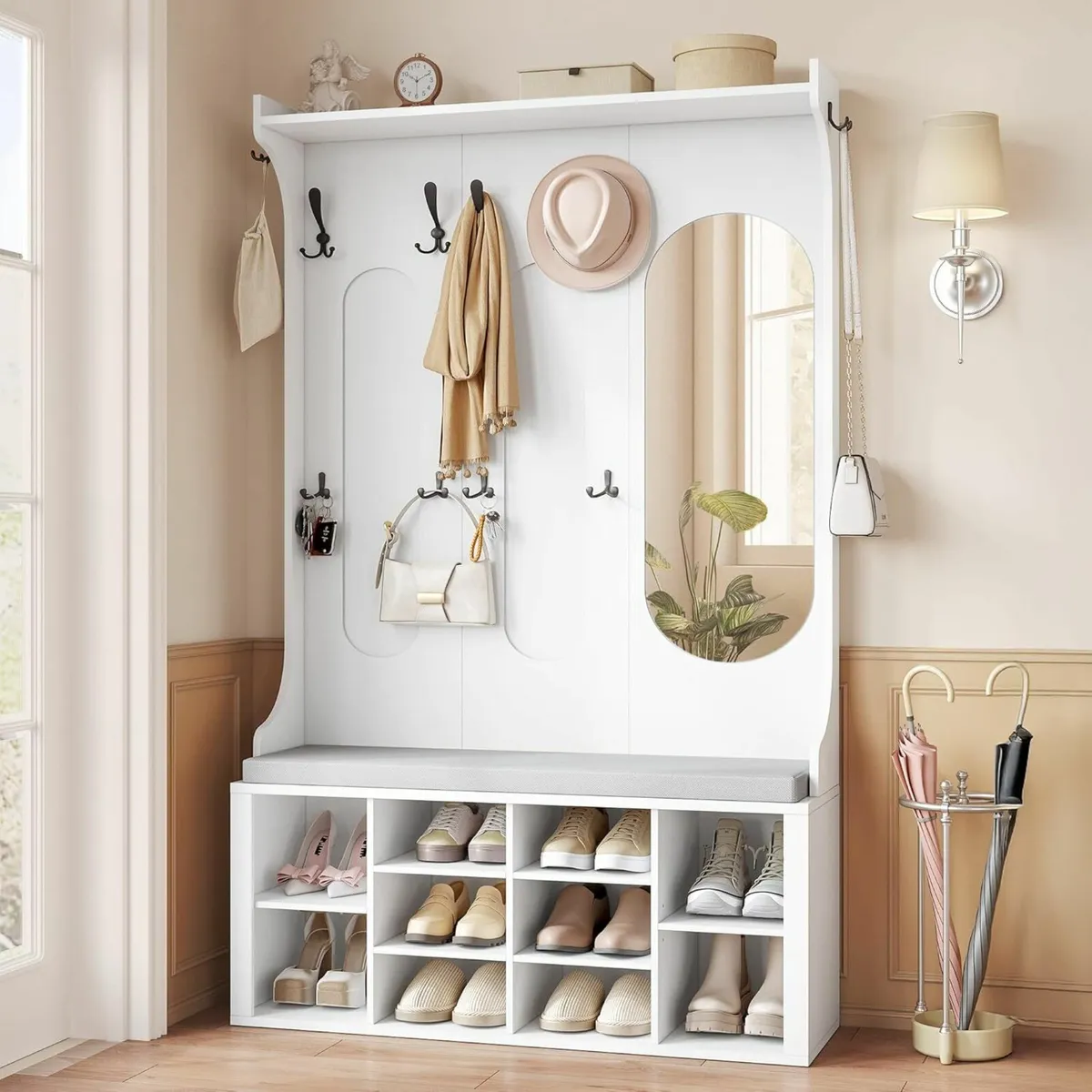 Coat Rack with Bench, Shoe Storage & Mirror Whit - Image 1