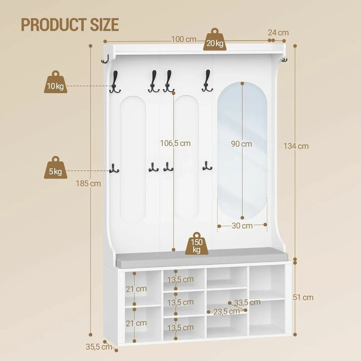 Coat Rack with Bench, Shoe Storage & Mirror Whit - Image 2