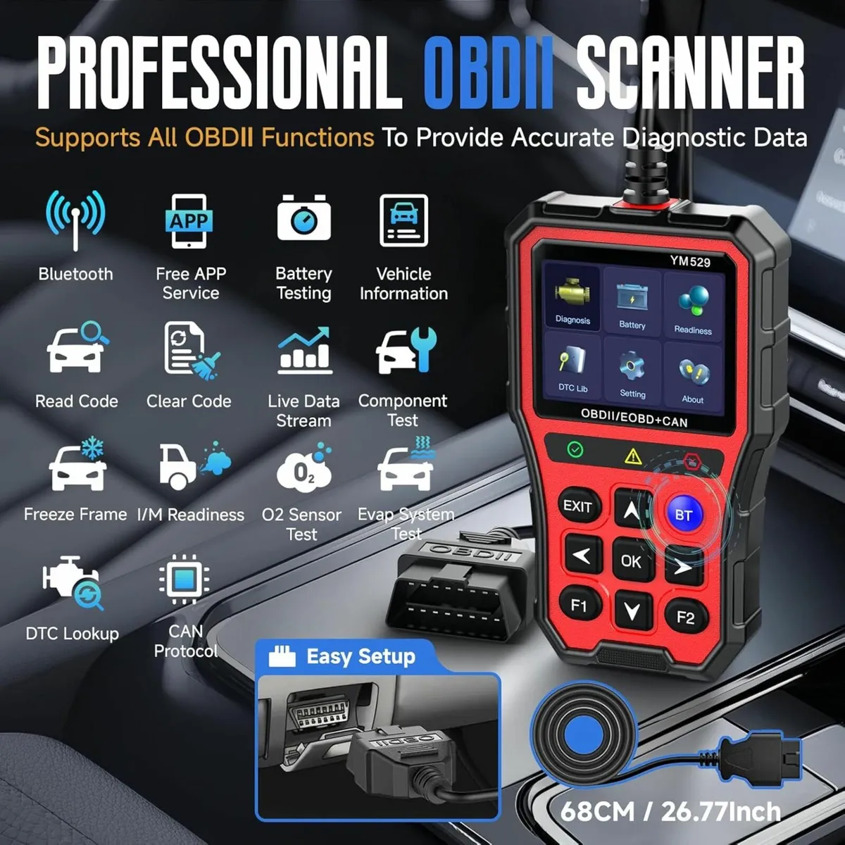 Bluetooth OBD2 Scanner with Battery Tester & Monit