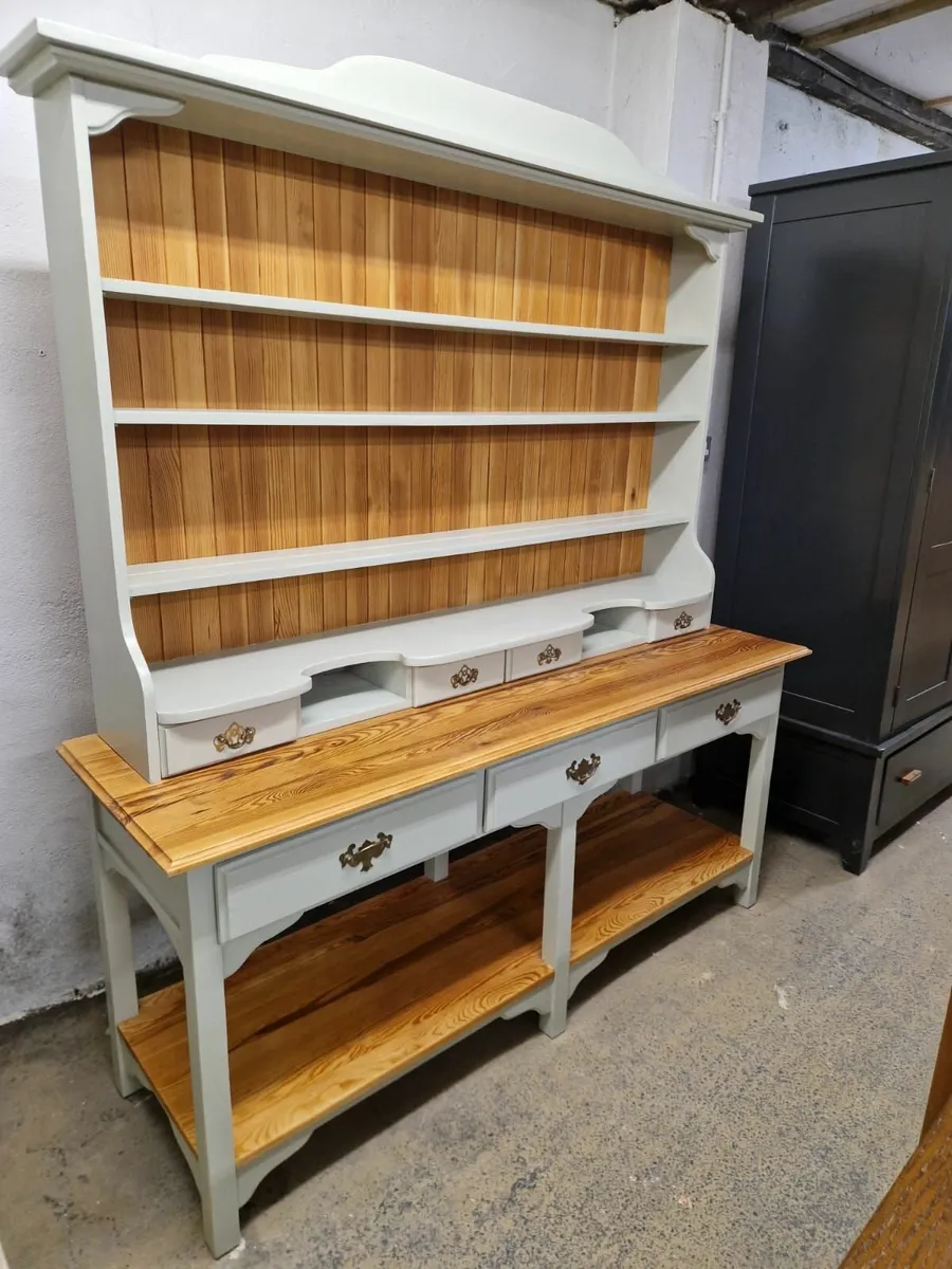 Large vintage pine kitchen dresser, sage green - Image 4
