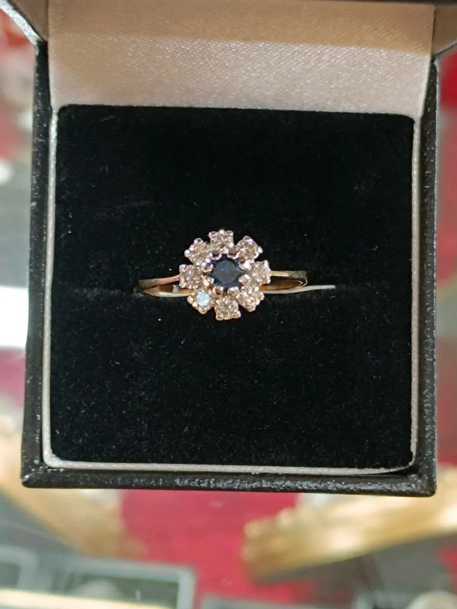 Blue Sapphire & Diamond Daisy Ring ,9k Yellow Gold - Image 1