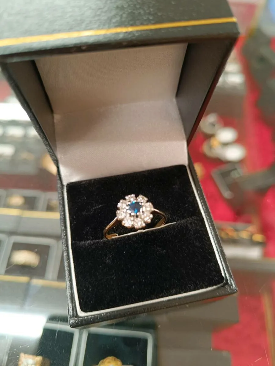 Blue Sapphire & Diamond Daisy Ring ,9k Yellow Gold - Image 2