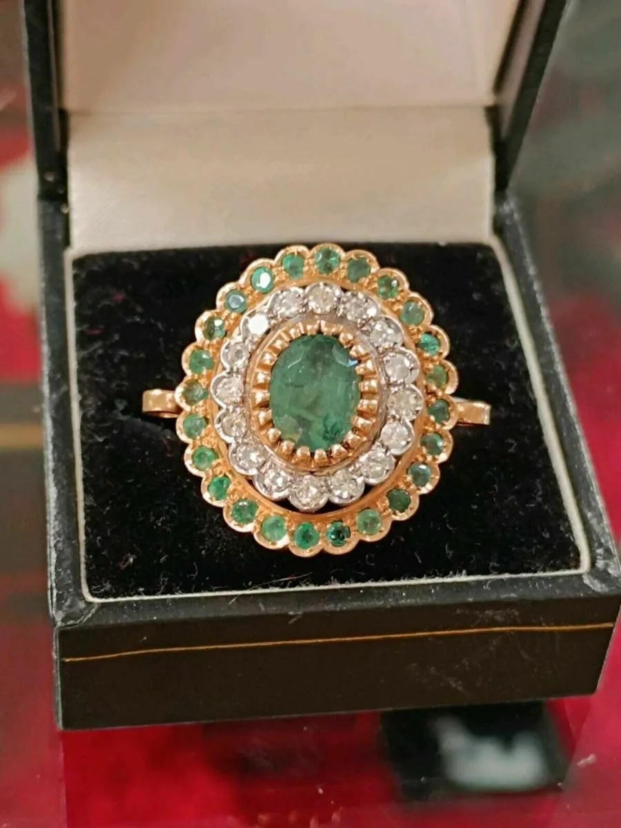 Emerald & Diamond Cluster, 9k Rose Gold Ring - Image 1