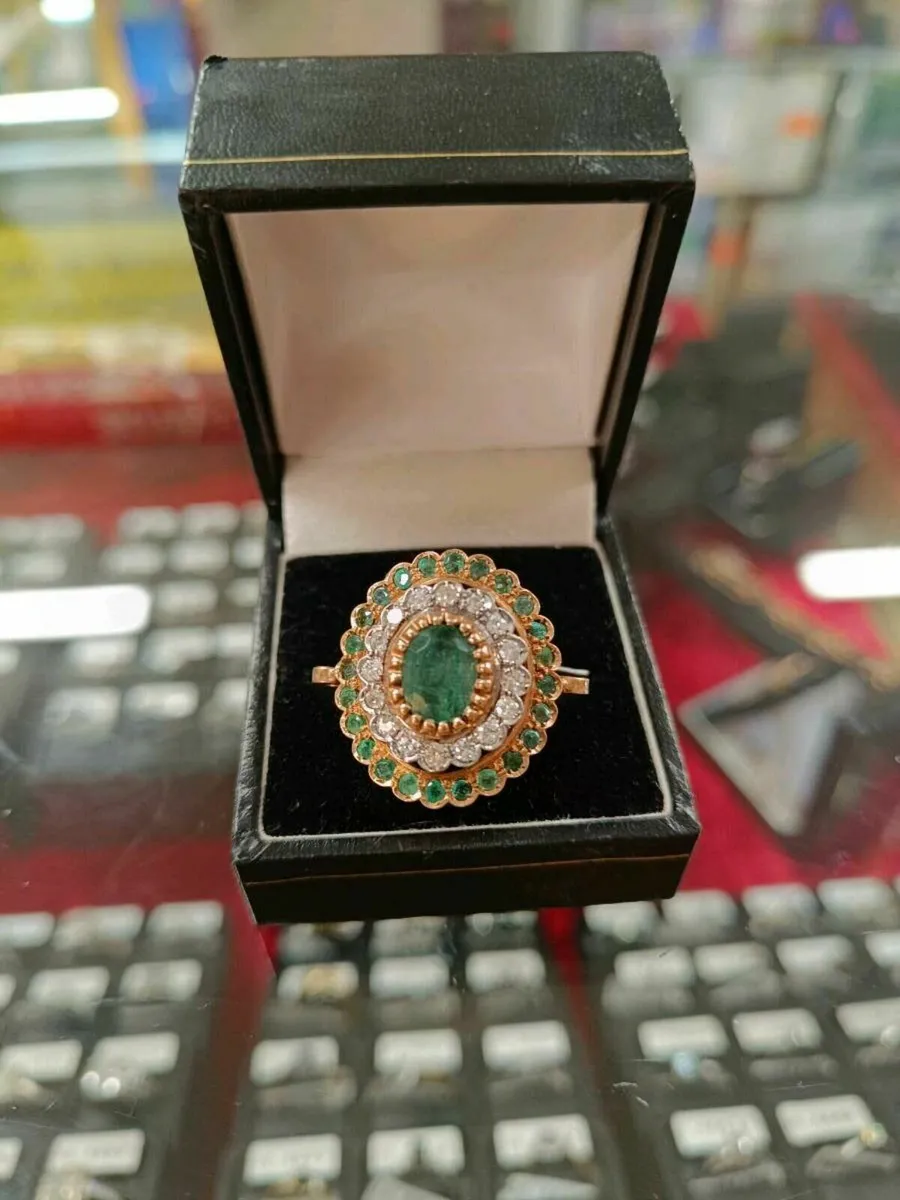 Emerald & Diamond Cluster, 9k Rose Gold Ring - Image 2