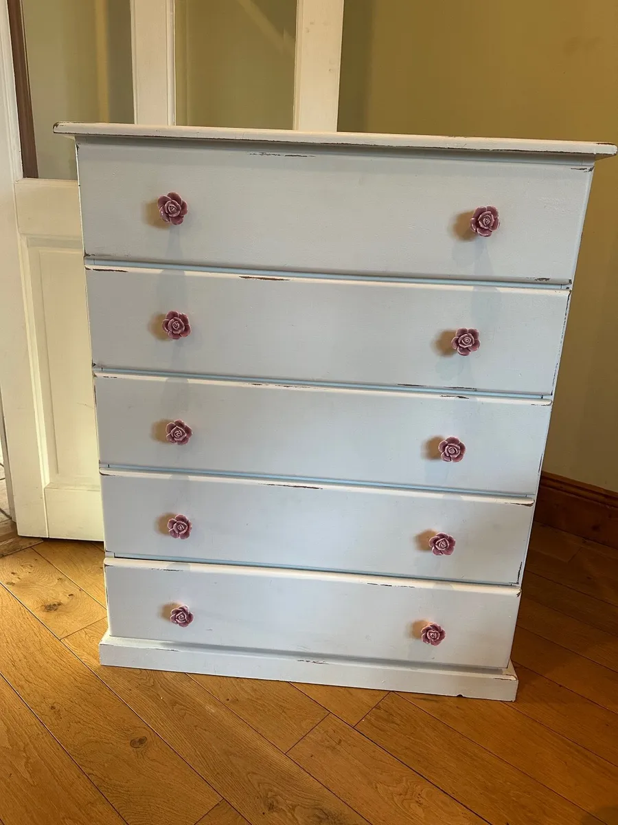 Distressed White Chest of Drawers with Rose Knobs - Image 3