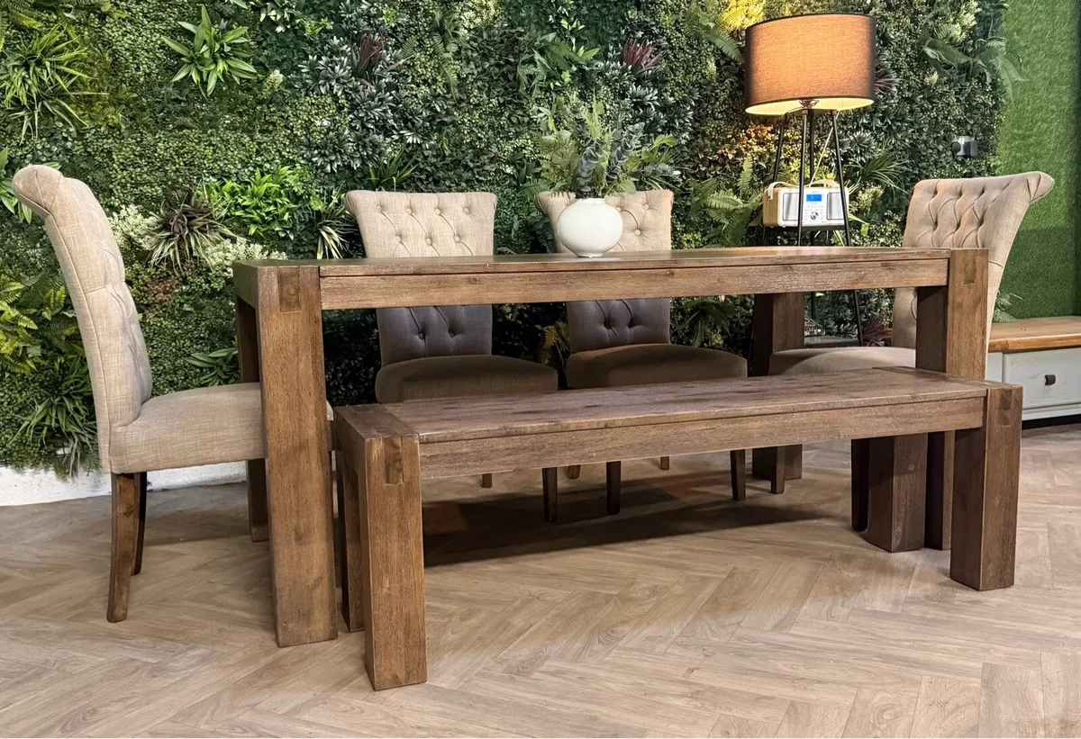 Rustic style kitchen table, 4 chairs & bench - Image 1