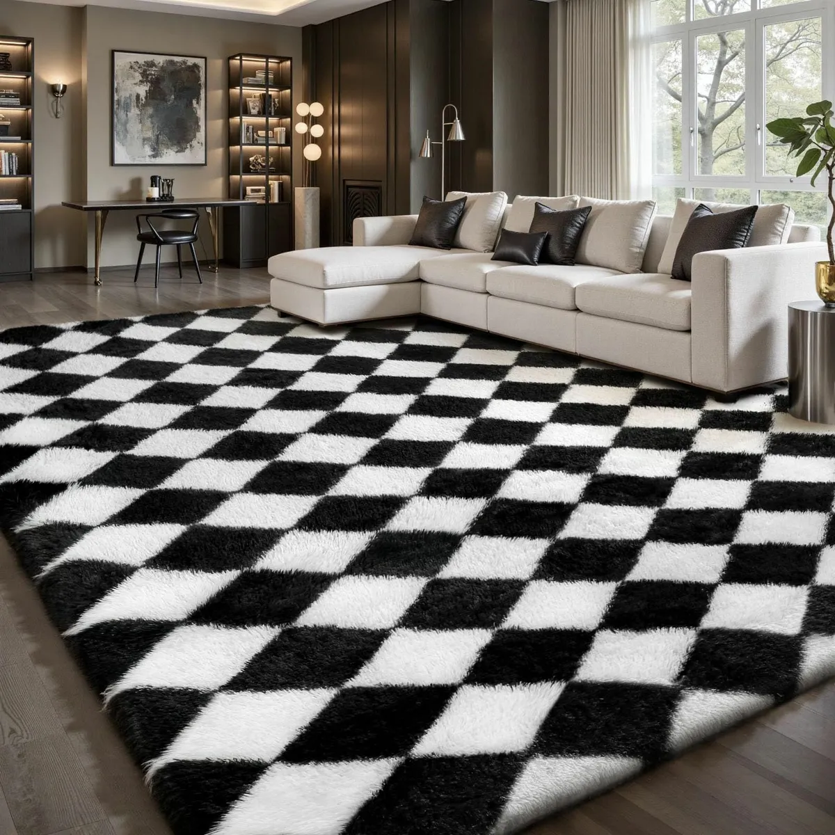 Checkered Rug Living Room 160x230cm Black and - Image 1