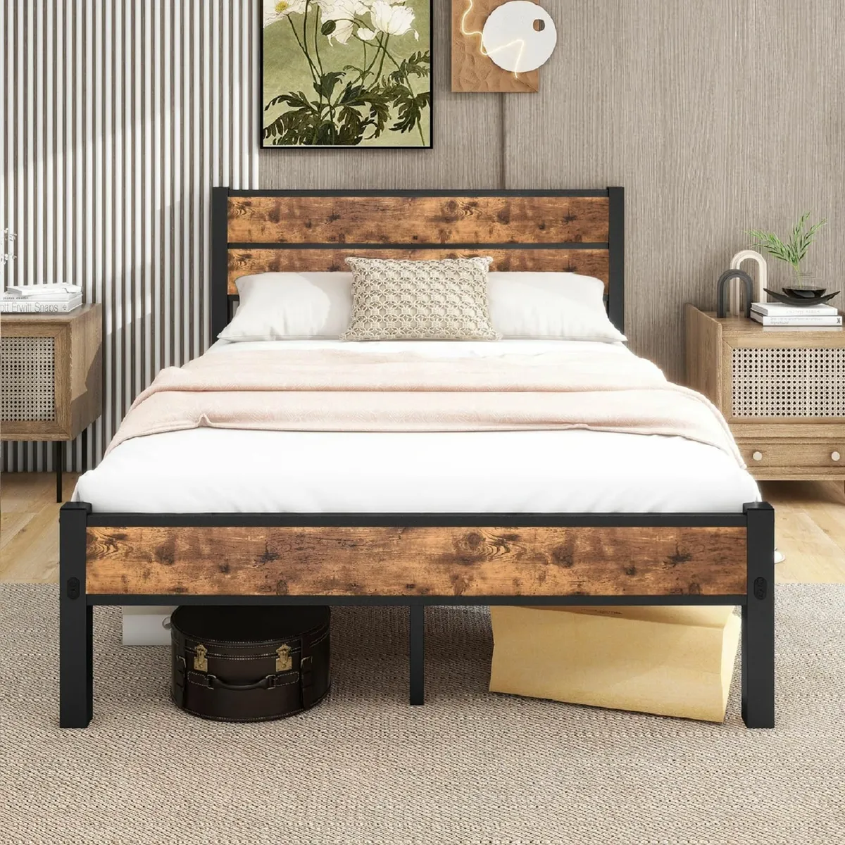 Double Bed Frame with Wooden Headboard and - Image 1