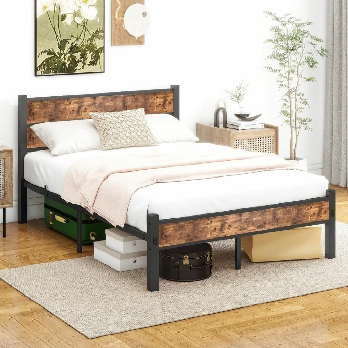 Double Bed Frame with Wooden Headboard and - Image 3