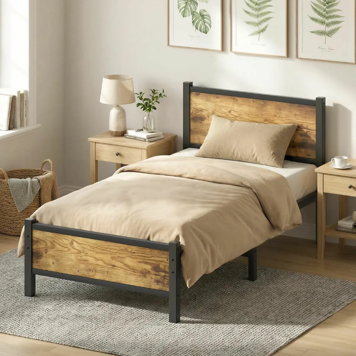 Single Bed Frame with Wooden Headboard and - Image 1