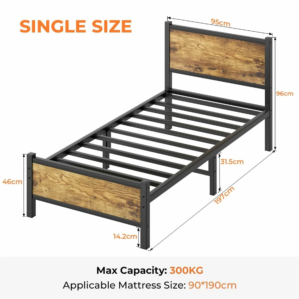 Single Bed Frame with Wooden Headboard and - Image 2