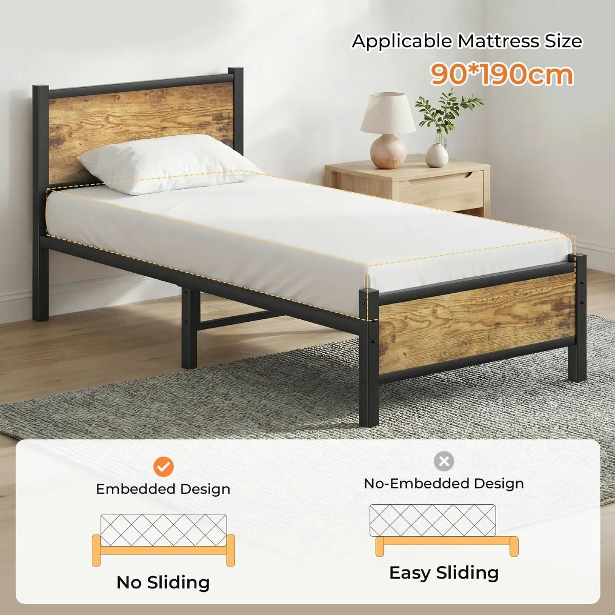 Single Bed Frame with Wooden Headboard and - Image 4